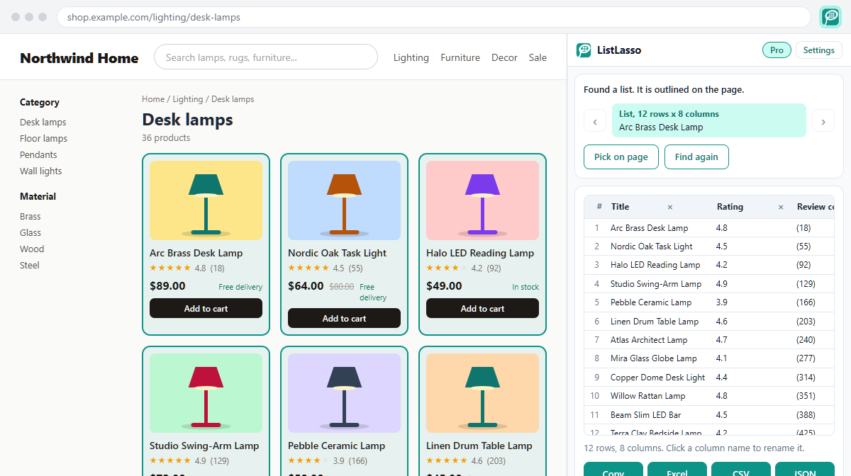 ListLasso outlining a list of products and showing the rows in the side panel